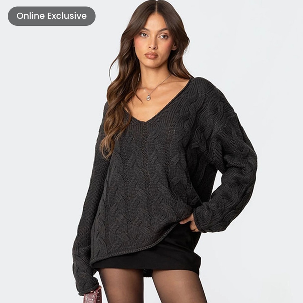 Edikted‎ Inga Oversized Charcoal V-Neck Cable Knit Sweater Size Medium